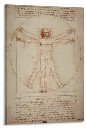 LZTEN Leonardo Da Vinci Kunstdruck The Vitruvian Man, Vintage-Poster, menschlicher Körper, Kunst, da Vinci, Linie, Skizze, Zeichnung, Retro-Rahmen, 50 x 75 cm