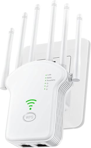Repetidor WiFi,Amplificador señal WiFi Potente,6 Antenas,2 Puertos LAN,Cobertura Total de 360°,Cobertura de hasta 11800Sq.Ft,repetidor WiFi Largo Alcanc,para oficinas y hogares,Easy Set up (Blanco)