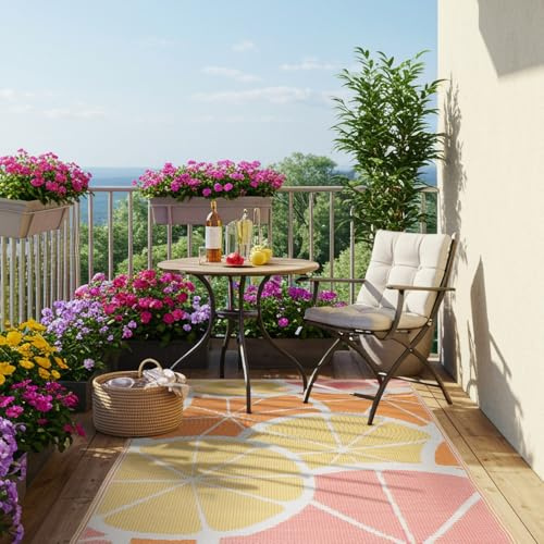 e-floor Outdoor-Teppich Wasserfest, Beidseitig, Schnell trocknend – Ideal für Terrasse, Balkon & Garten – Polypropylen, Flachgewebt Teppich Picknick (Zitronen, 120 x 170 cm)