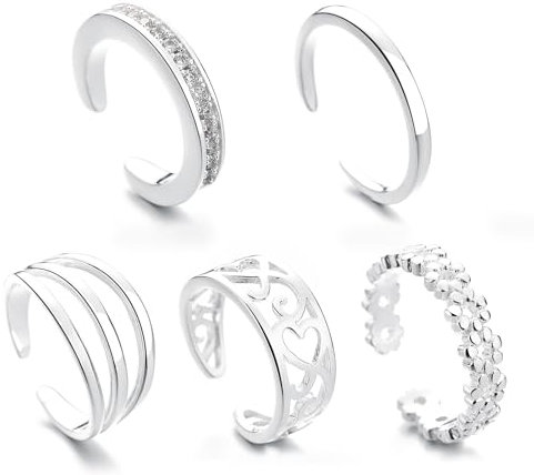 LIUQOBN 5 Pcs Toe Rings For Women,Silver Toe Rings For Women 5 Styles Of Lightweight, Adjustable For Everyday Wear