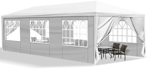 Bonnlo Tonnelle de Jardin 3x9m avec 8 Parois Latérales imperméable avec 6 fenêtres Tente de Réception en Toile PE Tubes Spiralés en Fer Barnum Blanc pour Camping Mariage Parking Fête