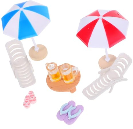 HEMOTON Miniatur Strandmöbel Teilig Realistische Mini Strandstühle und Sonnenschirme Farbenfrohe Puppenhaus Dekoration für Garten Sandtisch und Kreative DIY Strandlandschaften