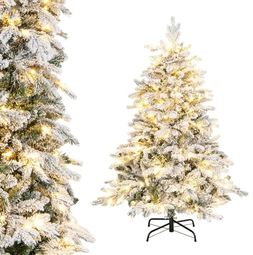 COSTWAY Pre-Lit Snow Flocked Christmas Tree, Hinged Artificial Xmas Tree with Warm-White LED Lights, Branch Tips, Foldable Metal Stand, Xmas Holiday Decor for Home Office (90 x 90 x 135 cm)