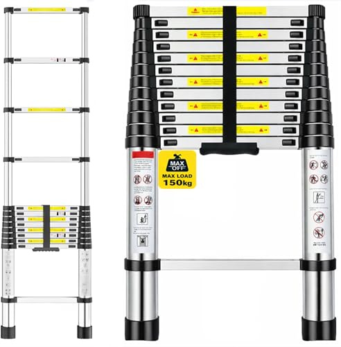 Teleskopleiter Ausziehbar aus Aluminium – 5m / 500cm Klappbare Anlegeleiter, rutschfeste Teleskop Leiter, Belastbar & Platzsparend, Höhenverstellbare Leiter für Haushalt & Baustelle 150kg