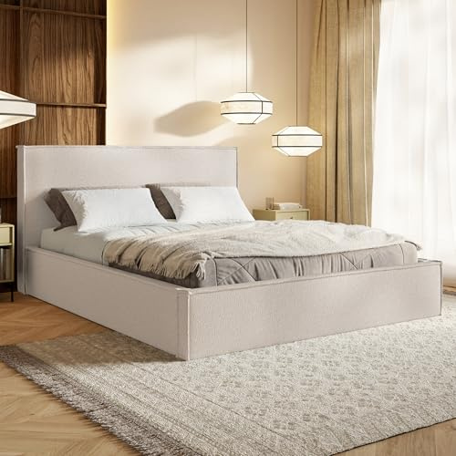MOTIVENA Boho Bett 140x200 Beige Boucle, mit Stauraum, mit Kopfteil, mit Lattenrost, ohne Füße, ohne Matratze, Polsterbett 140x200 mit Bettkasten Beige (Creme)