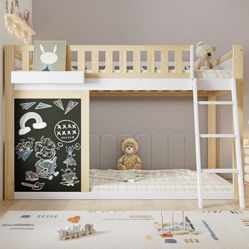 Rvjiahe Hochbett, Kinderbett, Mit Einer kleinen Tafel zum Bemalen, Mit Aufbewahrungsbox, Sicherheitsgeländer, Individuell anpassbarer Stauraum unter dem Bett, Kiefer + MDF, Weiß+Natur, 90x200cm