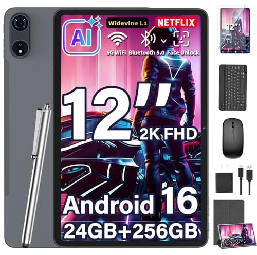 12 Inch Tablet - Android 16 Tablet with Keyboard, 24GB+256GB+2TB Expand | 2K Gemini AI Tablets PC with 8-Core, 8000mAh, 5G WiFi, 16+8MP, GPS, 2026 2 in 1 Large Tablets with Case,Mouse,Stylus