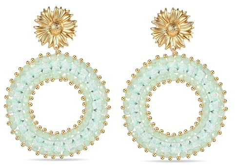 Boho Ohrhänger hängend für Damen, tropfenförmige Ohrringe mit Perlen und Kristallen, sommerliche Boho-Ohrringe, Statement-Ohrringe mit Blumen für Damen