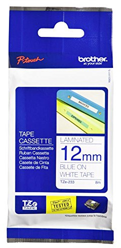Brother Original P-touch Schriftband TZe-233 12 mm, blau auf weiß (kompatibel u.a. mit Brother P-touch PT-H100LB/R, -H105, -E100/VP, -D200/BW/VP, -D210/VP)