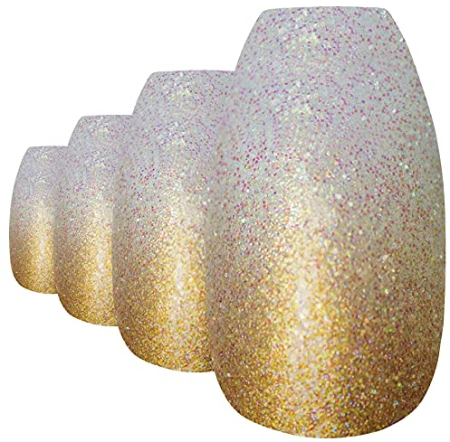 Bling Art Ballerina False Nails Fake Coffin Gel Ombre Gold Acrylic 24 Long Tips
