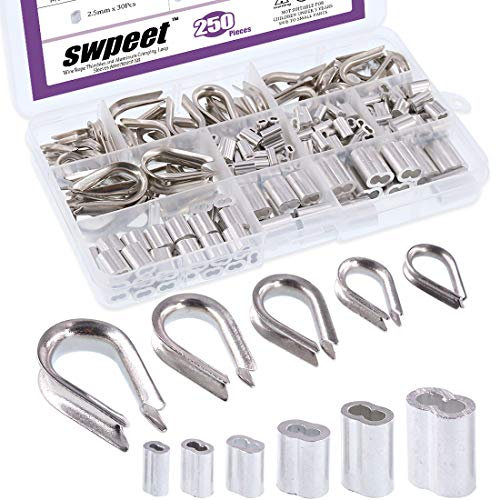 Swpeet Lot de 250 cosses de câble en acier inoxydable 304 et 6 tailles de manchons à sertir en aluminium, parfaits pour les câbles métalliques de 0,3 cm à 1,6 cm de diamètre