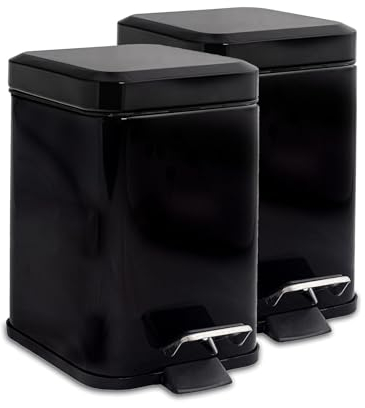 Harbour Housewares 3L Bathroom Bins - Black - Pack of 2 - Square Stainless Steel Pedal Bin Slim Kitchen Rubbish Trash Can Garbage Dustbin with Lid and Inner Liner Bucket