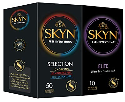SKYN Selection Sortenbox Set Kondome (50 Stück) & Elite Kondome (10 Stück) | Vielfalt Packet mit 10 Original, 20 Intense Feel & 20 Extra Lube Kondome, Dünne Kondome, verwendbar mit unsere Lubes