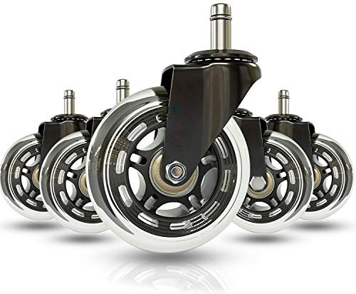Dr.Luck 3 Office Chair Caster Wheels w/o Brake (Set of 5) - Rollerblade Style Heavy Duty & Safe for All Floors Including Hardwood w/Universal Fit