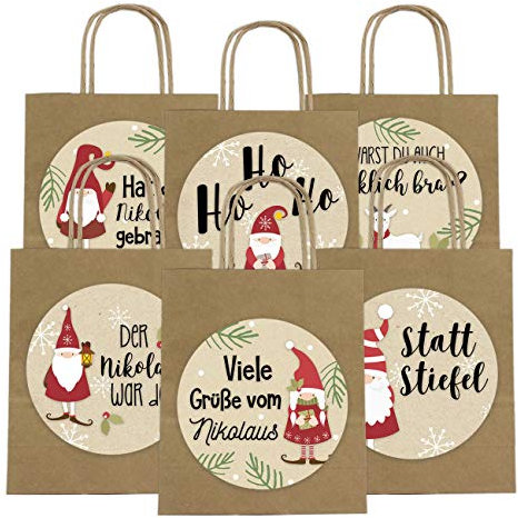 6 Geschenktüten zum Nikolaus 18cm x 22.5cm x 8cm mit XXL Stickern - Verpackung zum Nikolausfest - Nikolaustüte - Henkeltüte Motiv Wichtel