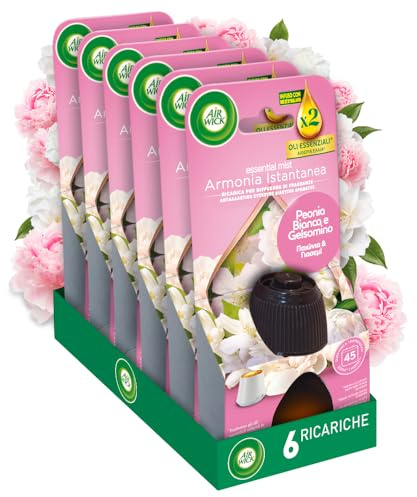 Airwick Ricariche per Diffusore di Oli Essenziali Armonia Istantanea, Confezione da 6 Ricariche per il Diffusore di Oli Essenziali Profumatore per Ambienti alla Fragranza di Peonia e Gelsomino