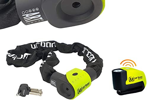 Urban 10K170 Cadena Antirrobo Alta Seguridad Homologado Art3, Ø10, 170Cm + Ur6 Candado Antirrobo Disco Con Alarma+Warning 120Dba, 6 Mm, Made In Eu, Amarillo Flúor, Única