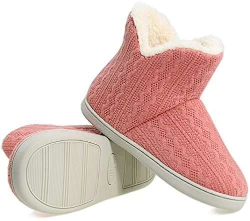 PiDaGlobal Damen Herren Hausschuhe Stricken Hüttenschuhe rutschfeste Wolle Hausstiefel Hohe Pantoffeln Plüsch gefüttert Warme Hüttenstiefel Winter Drinnen Draußen 42/43EU Dunkelpink