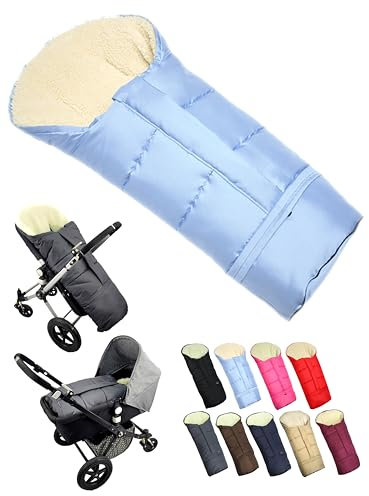 BambiniWelt by Rafael K. Winterfußsack – universaler Fußsack für Kinderwagen, Buggy & Schlitten in Mumienform – Lammwolle, größenverstellbar (90–110 cm), warm, waschbar & windabweisend (hellblau)