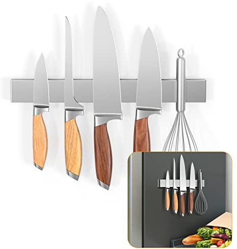 Ninonly 10 Inch Magnetic Knife Holder for Refrigerator, Stainless Steel Double Sided Magnet Knife Strip for Wall, No Drilling Magnetic Knife Rack with Powerful Magnetic Pull Force Fridge Applicable