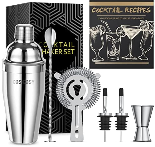 Cocktail Making Set, Cosicosy Cocktail Shaker Set 7 Pcs Professional Stainless Steel Cocktail Accessories Set with Recipes and Bar Accessories for Home Bars and Outdoor Events