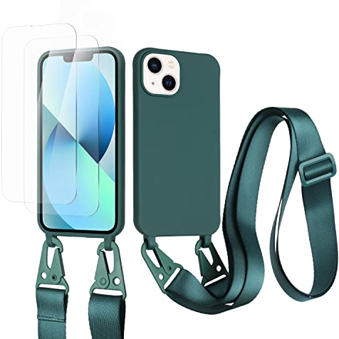vrupin kompatibel mit iPhone 14 Handykette Hülle,[2 Stück Schutzfolie 9H Härte Gehärtete Folie].Necklace Hülle Nylon Schultergurt Weich Flüssiges Silikon-Dunkelgrün