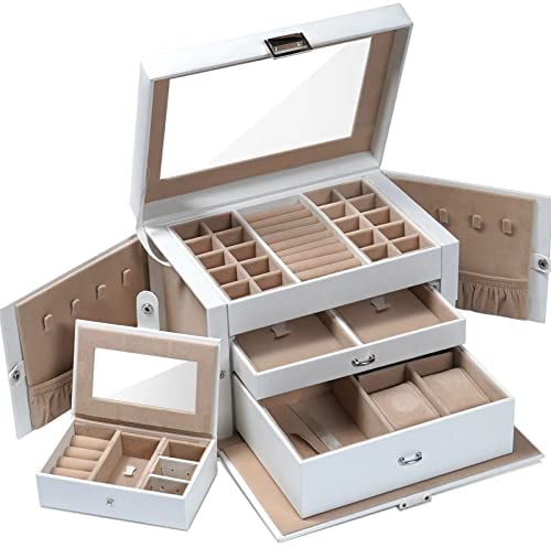 Caja Joyero con Tapa Transparente, Joyero de 3 Niveles, Organizador de Joyas con 2 Cajones, con Caja de Viaje Portátil, Almacenamiento para Collares, Pulseras, Anillos, Idea de Regalo,Blanco