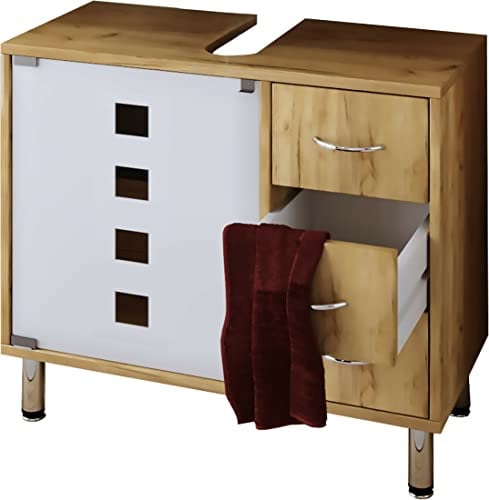 VCM Holz Waschbeckenunterschrank | Badschrank | Maße: H. 58 x B. 67 x T. 30 cm | 1 ESG-Sicherheitsglastür | 3 Schubladen | modernes Badezimmermöbel - Darola