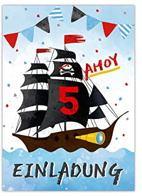 Junapack 12 Einladungskarten zum 5. Kindergeburtstag fünfte Geburtstag Jungen Mädchen Pirat Piraten-Party
