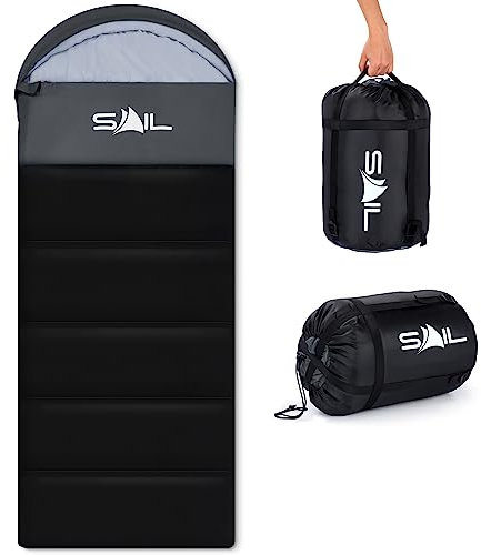 SAIL Sleeping Bag 3-4 Season - 1.3KG 250GSM Lightweight,Waterproof Indoor & Outdoor Use for Kids & Adults for Hiking, Backpacking and Camping - Black
