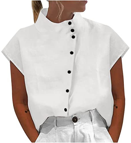 Ceboyel Camicia estiva da donna in lino elegante casual boho camicette manica corta collo alto top signore alla moda vestiti per uscire, Bianco #13, S