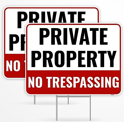 Venicor Lot de 2 panneaux « Private Property No Trespassing » avec piquets en métal, 30,5 x 22,9 cm – Plastique ondulé – Panneau d'avertissement de sécurité pour la maison, l'extérieur, la cour