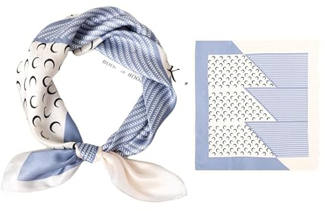 GIMIRO Schal aus imitierter Seide [53 x 53cm] Quadratische Schals Damen Halstuch Hellblau-Weiß mit Mondmuster Elegante Seidenmischung (Light Blue - Crescents in Lines)