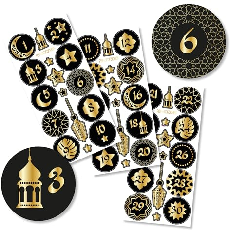 Papierdrachen 30 Zahlenaufkleber für Ramadan - schwarz - gold foliert - Sticker Durchmesser von ca 4cm - zum Basteln und Dekorieren deines persönlichen Ramadankalenders - Eid Mubarak - Set 1