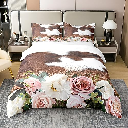 richhome Kuhfell Print 100% Bio-Baumwolle Bettbezug Kuhfell und Rose Blumen Bettbezug Set 200x200 Bauernhaus Hochland Rind Bettwäsche Set mit 2 Kissenbezügen