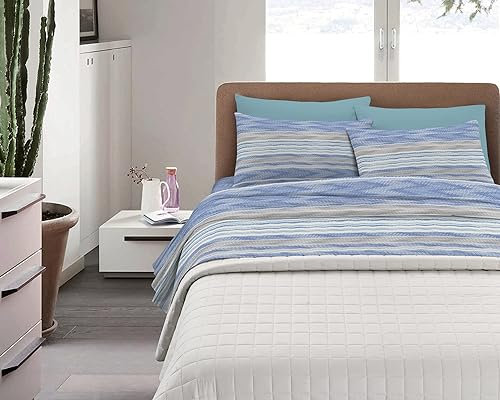 Il Gruppone Passione Casa Completo Letto in Cotone Di Flanella Calda e Morbida Anti Pilling - Set Lenzuola Flanellato 3 Misure parure con Federe - Singolo - Riga Rosa (Singolo, Wavy Blue)