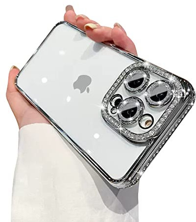 Ownest Compatible with iPhone 14 Pro Case with Glitter Diamond Camera Protector,Bling Rhinestone Clear Covers Cute Aesthetics Phone Case Shockproof Sparkle Len for iPhone 14 Pro -Silver