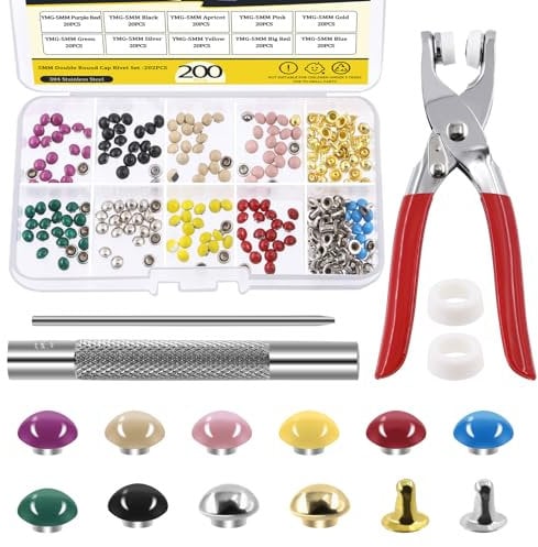 Mardatt 200 Sets 5mm Double Round Cap Leather Rivets with Fixing Tools, 10 Colors Caps Leather Rivets Metal Studs Leather Rivet Dome Rivets for Leather Craft DIY Decoration