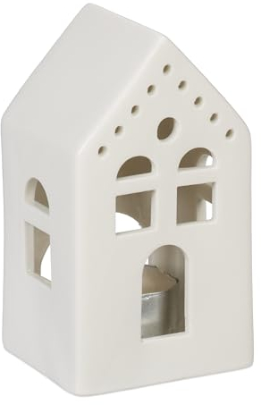 Relaxdays Teelichthaus Keramik, Leuchthäuschen für 1 Teelicht, H x B x T: 12 x 6,5 x 6 cm, Teelichthalter Haus, weiß