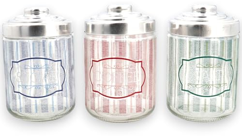 Tris 3 barattoli in vetro Ermetici Sale, Zucchero, Caffè con TAPPI IN ALLUMINIO contenitori da 800 cc h. 13 cm CANVASS Porta spezie casa Cucina Moderno Vintage tondo