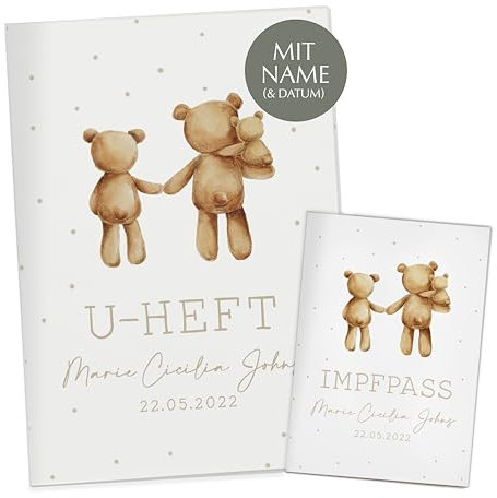 NORDEULE U-Heft- und Imfpasshülle mit Name und Datum personalisiert | 4-teiliges Set | Hochwertige Hülle für Untersuchungsheft und Impfass Deines Kindes (Collection Ella | Weiß)