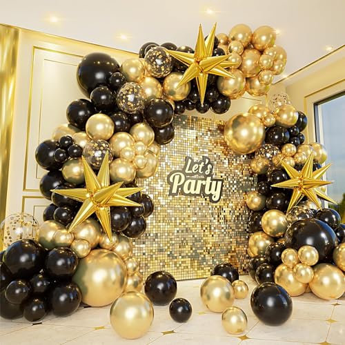 161Pcs Black and Gold Balloons Garland Arch Kit with Explosion Star Foil Balloons,5/10/12/18inch Black Gold Confetti Latex Balloons for Graduation Anniversary Birthday New Years Eve Party Decorations