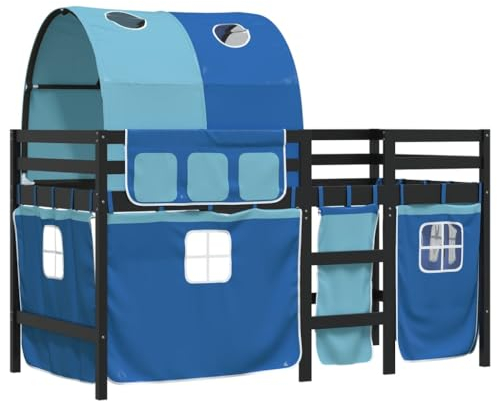 vidaXL Kinder Hochbett, Kinderbett mit Tunnel, Spielbett Bett für Kinder ab 6 Jahren, Etagenbett Bettgestell, Blau 90x200cm Massivholz Kiefer