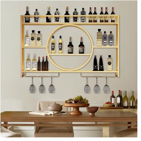 Porte-bouteilles Mural Avec Lumière LED,Range Bouteille,Etagere Vin,Casier À Vin,Étagère De Support Mural,Porte Bouteille,Étagère Murale En Verre,Rangement Bouteille, Meuble Bar Pour Cuisine,Noir/Or (