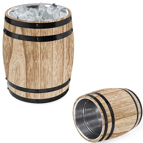 Flaschenkühler Getränkekühler Bierkühler Bierfass Sektkühler Eiswürfelbehälter als Holzfass mit doppelwandigem Edelstahl für Flaschen oder Eiswürfel 3 Liter Inhalt für Gartenparty und Event