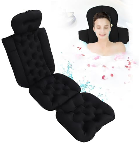 Ejoyous Oreiller de Baignoire Corps Entier, Tapis de Baignoire avec Oreiller Tapis à Bulles Oreiller de Baignoire Cou avec Ventouses Fortes Antidérapant Amovible Lavable (Black)