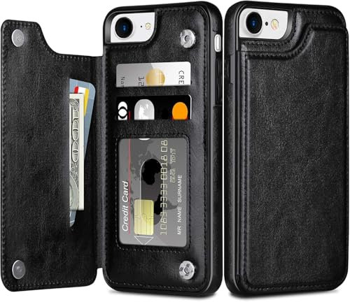 For iPhone SE 2022/ SE 2020 Case iPhone 8 Phone Case iPhone 7 Shockproof Wallet Pouch Card Holder Flip Folio Soft PU Leather TPU Bumper Magnetic Clasp Stand Drop Protective Cover, Black