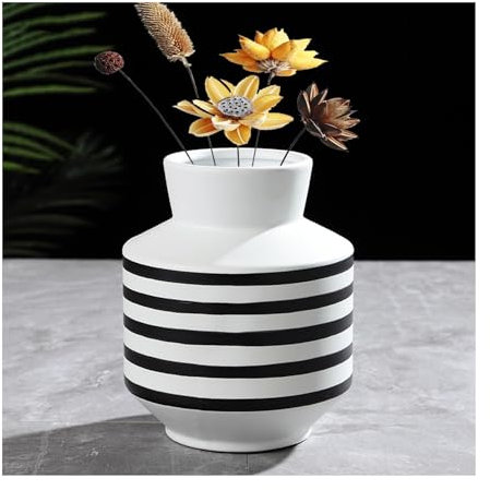 Tauzveok Vase Weiß Mit Schwarz Streifen, Modern Deko Vasen, Keramikvase, Vasen Für Tischdeko, Rund Blumenvase Deko, Für Home Office Dekor, Wohnzimmer Büro Dekoration,Schwarz