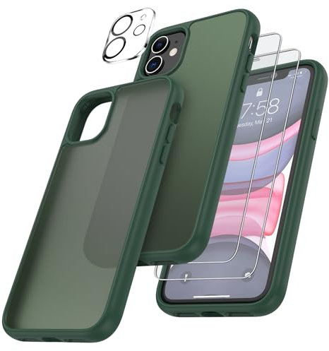 FLLAO 4 en 1 Funda para iPhone 11 con 2 Protector Pantalla y 1 Protector Lente Cámara, [Almohadilla de Aire integrada] Antigolpes Antiarañazos Carcasa 6,1 Pulgadas, Verde Oscuro