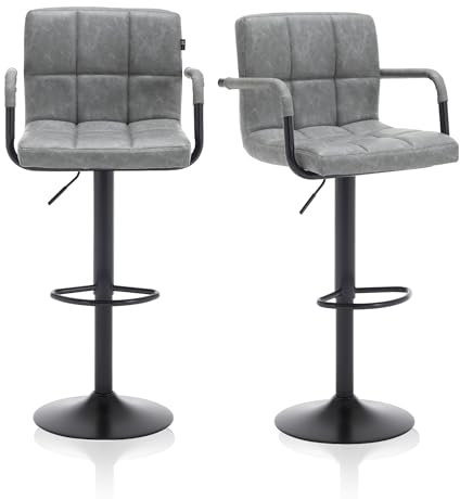 Meisterhome Barhocker 2er Set – Höhenverstellbar Barstuhl, Drehhocker, Küchenstühle Mit Fußstütze, Kunstleder Edelstahl, Gepolsterter Sitz, Tresenhocker, Wohnküchen, Bar Hocker - Hellgrau